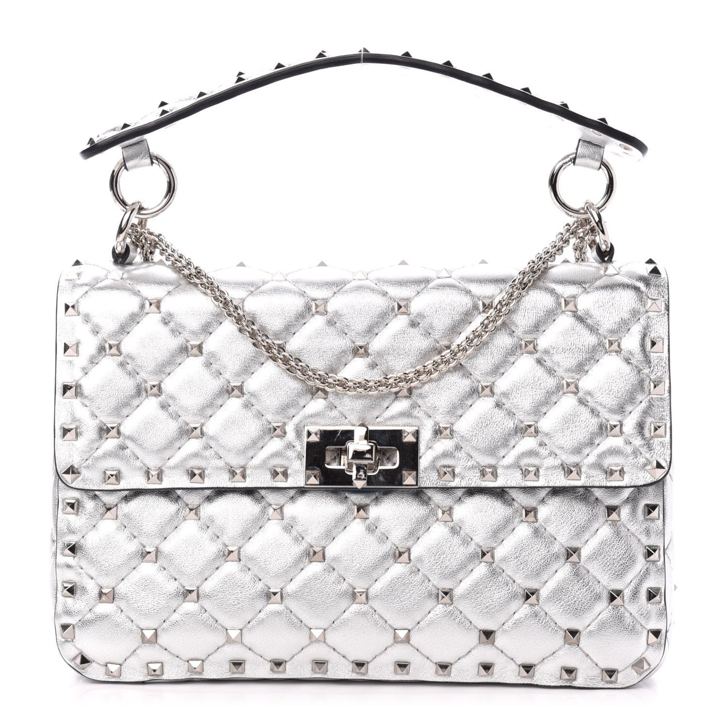 Metallic Nappa Medium Rockstud Spike Shoulder Bag Silver