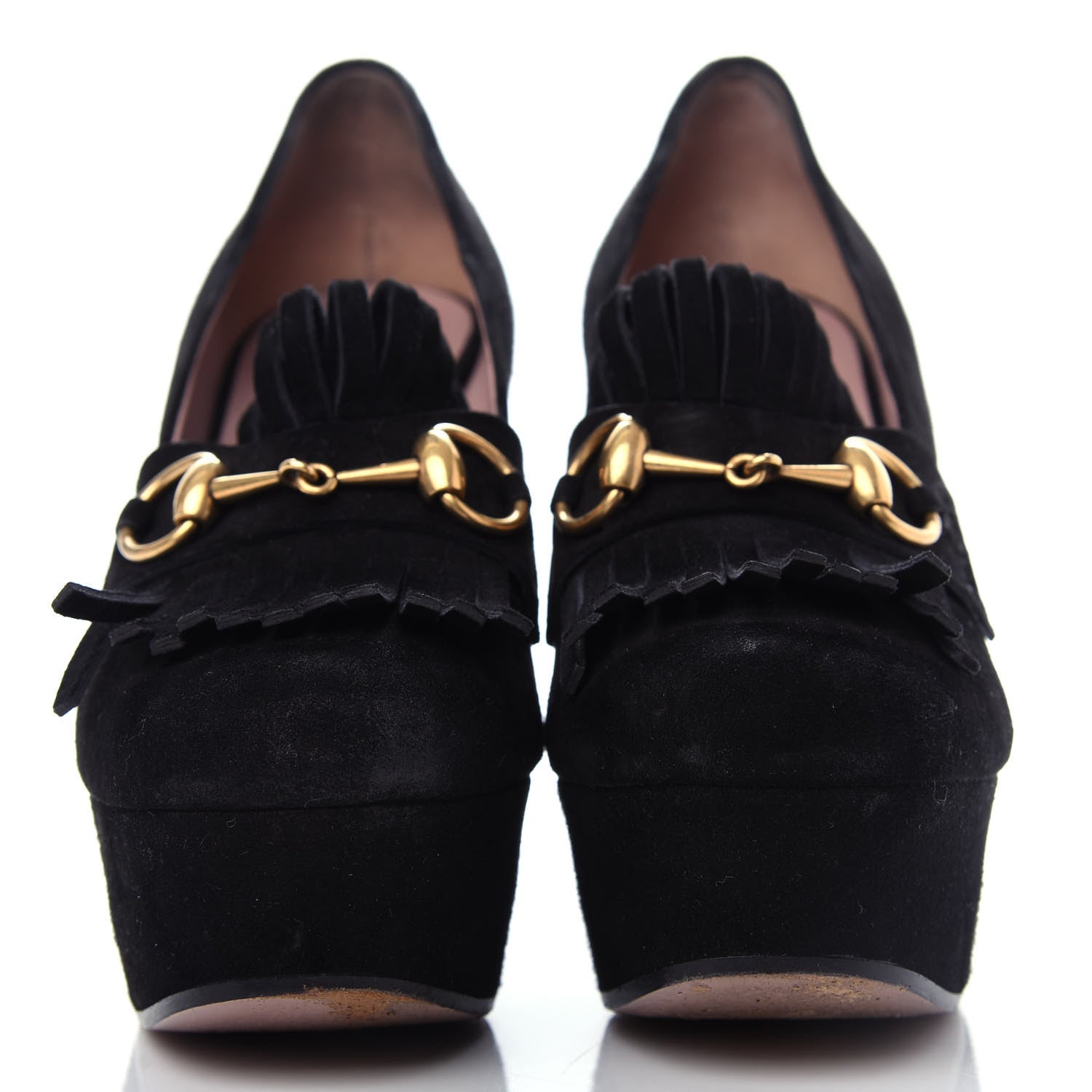 Gucci Kid Scamosciato Horsebit Fringe Loafer Pumps 37.5 Black 2 of 10