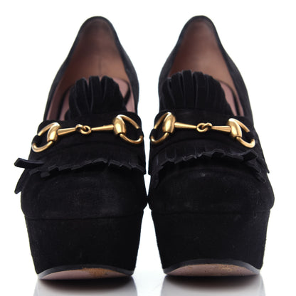 Gucci Kid Scamosciato Horsebit Fringe Loafer Pumps 37.5 Black 2 of 10