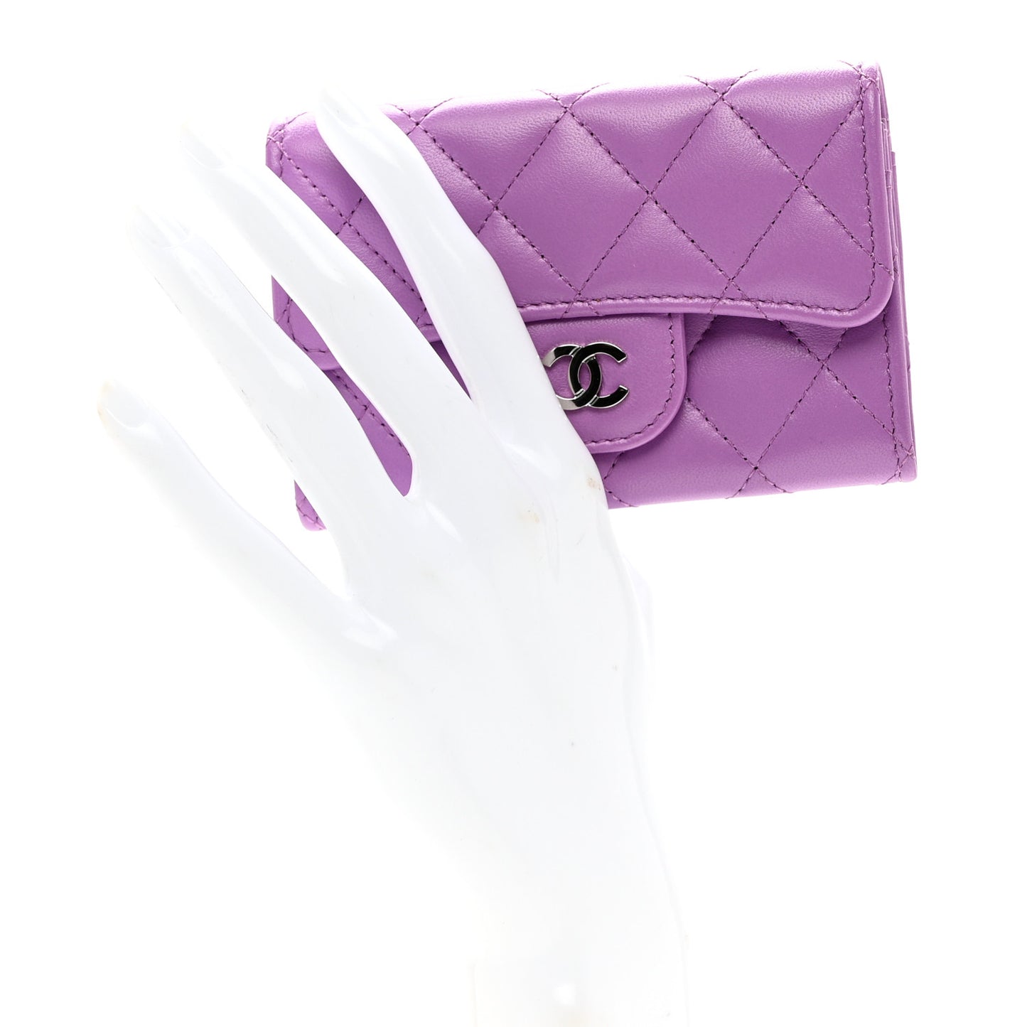 Lambskin Quilted Flap Card Holder Wallet Purple