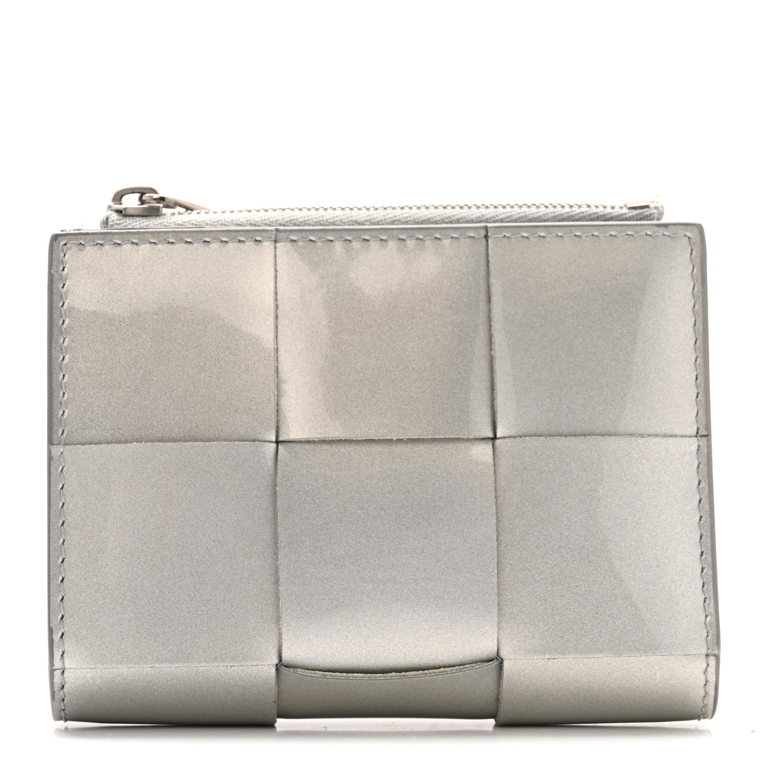 Bottega Veneta Metallic Patent Calfskin Maxi Intrecciato Small Bi-Fold Zip Wallet Silver 1 of 12