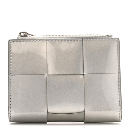 Bottega Veneta Metallic Patent Calfskin Maxi Intrecciato Small Bi-Fold Zip Wallet Silver 1 of 12