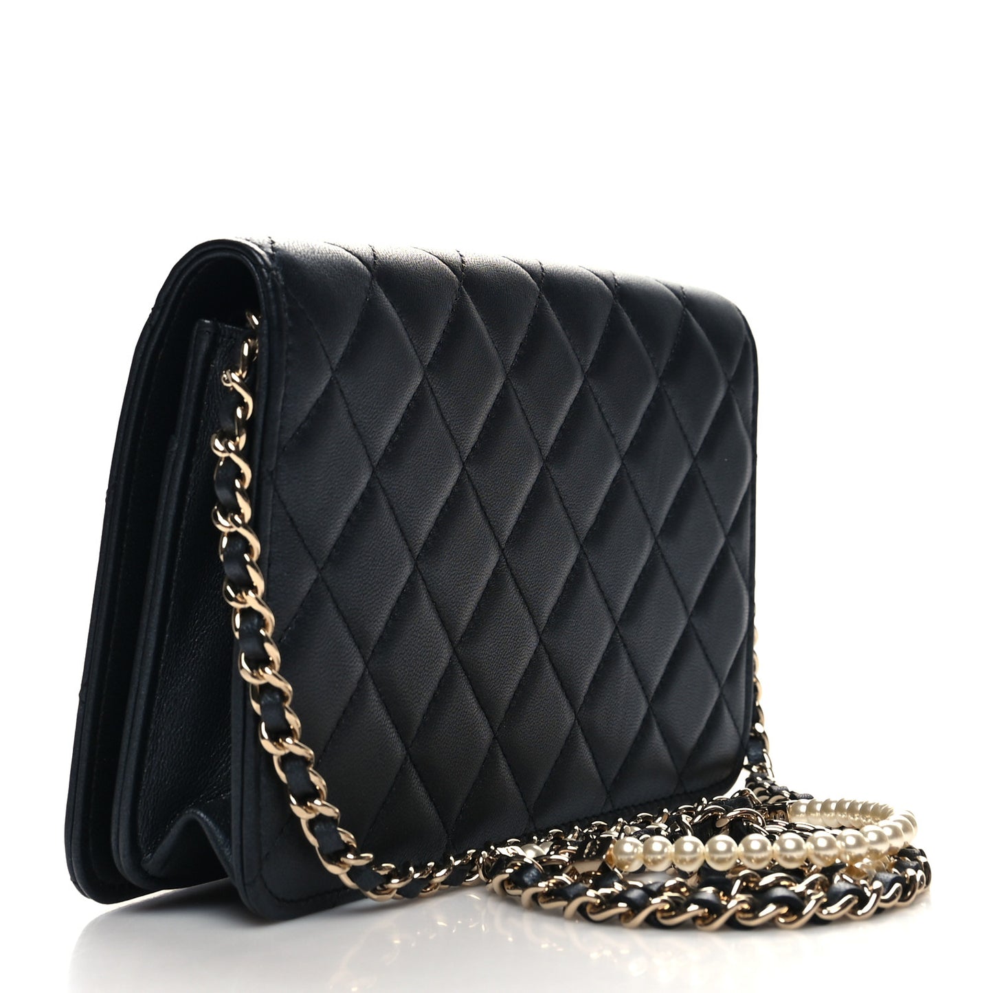 Iridescent Lambskin Quilted Pearl Wallet On Chain WOC Black