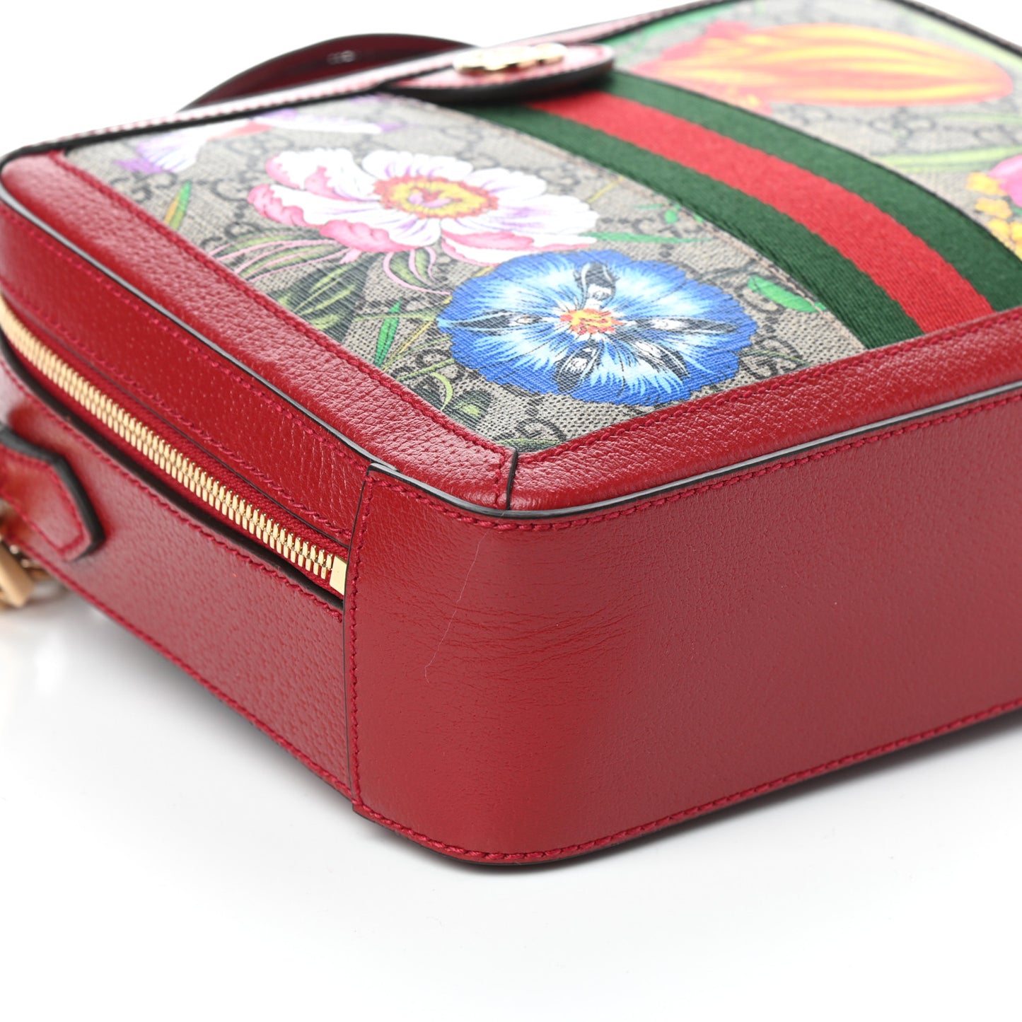 GG Supreme Monogram Flora Web Small Ophidia Top Handle Shoulder Bag Hibiscus Red