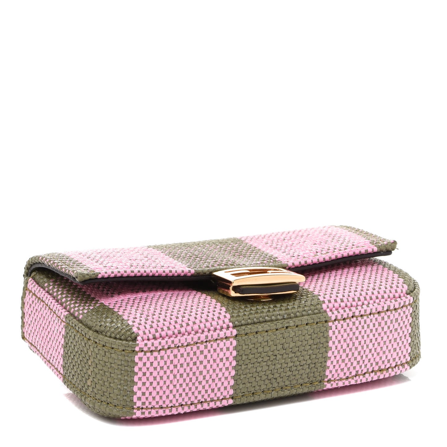 Raffia Pequin Gingham Woven Nano Baguette Charm Verde Militare Rosa