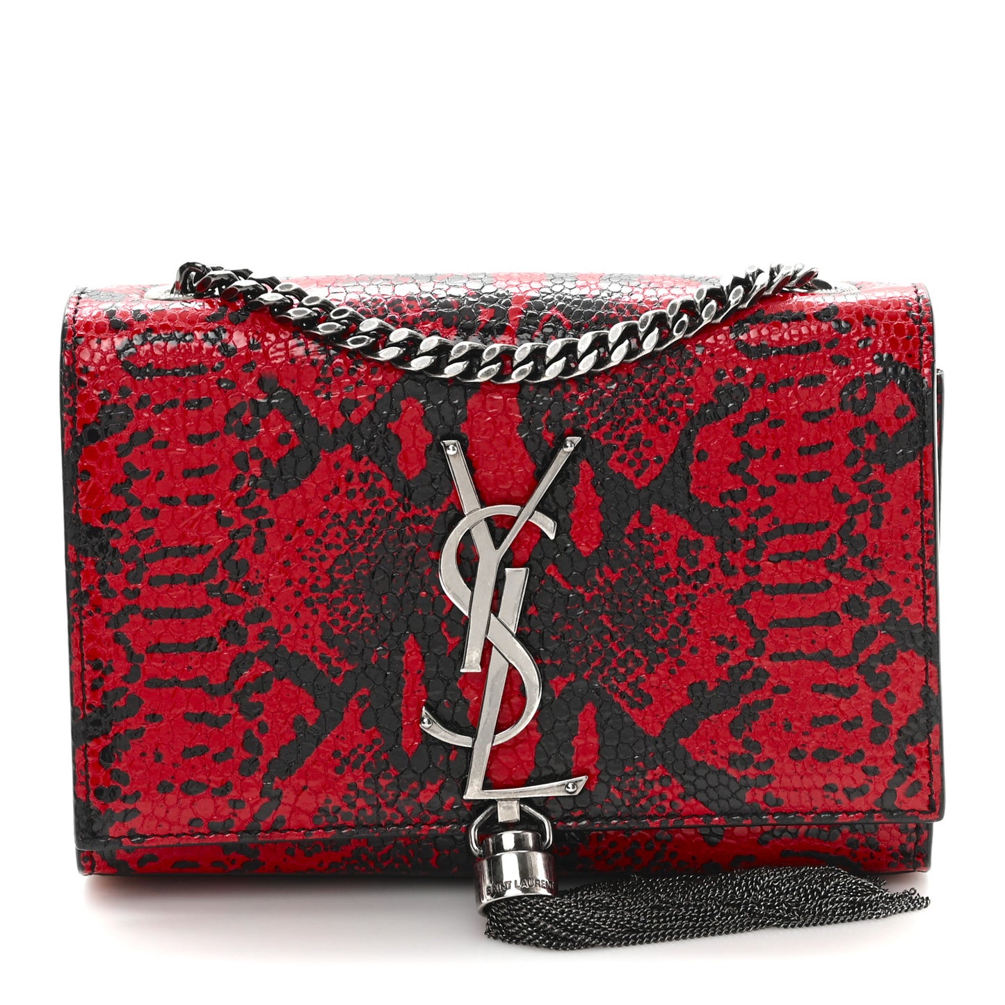 Calfskin Snakeskin Embossed Small Classic Monogram Kate Tassel Satchel Red Black