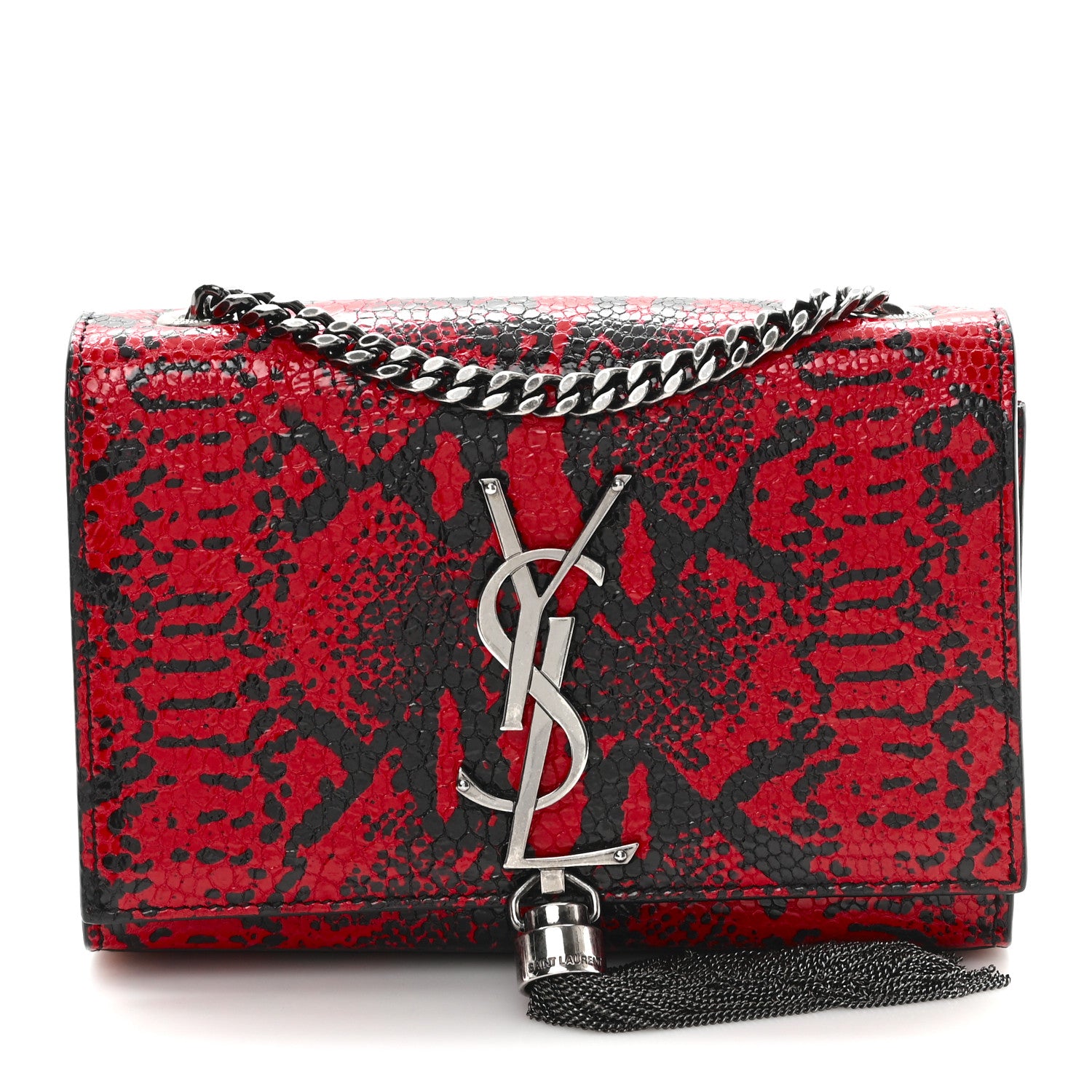 Saint Laurent Calfskin Snakeskin Embossed Small Classic Monogram Kate Tassel Satchel Red Black 1 of 11