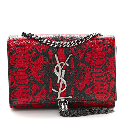 Saint Laurent Calfskin Snakeskin Embossed Small Classic Monogram Kate Tassel Satchel Red Black 1 of 11
