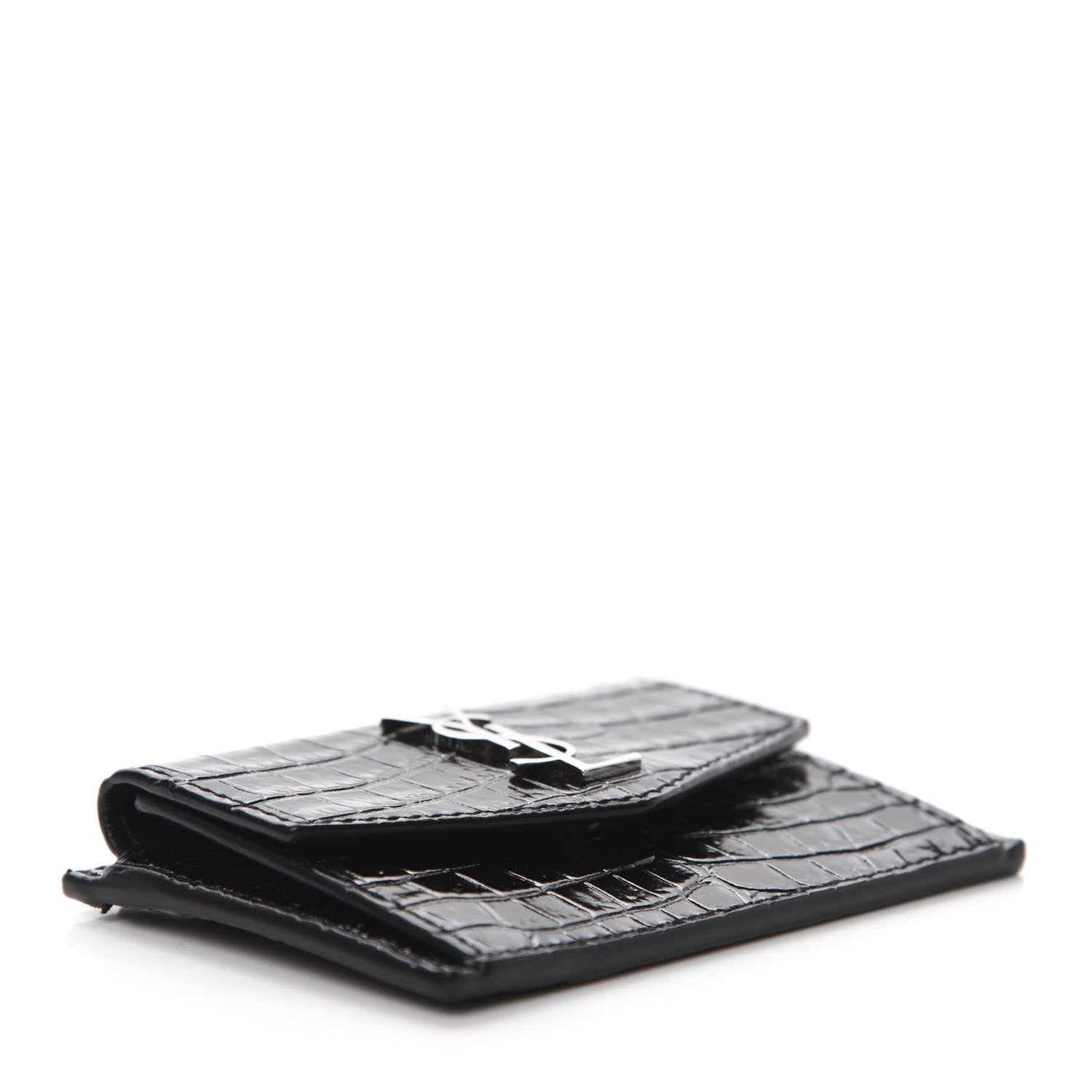 Saint Laurent Calfskin Crocodile Embossed Uptown Monogram Card Case Black 4 of 7