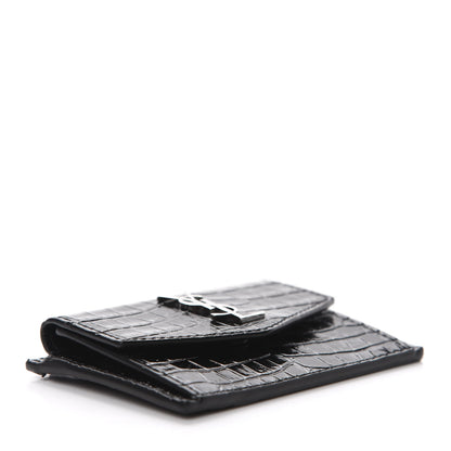 Saint Laurent Calfskin Crocodile Embossed Uptown Monogram Card Case Black 4 of 7