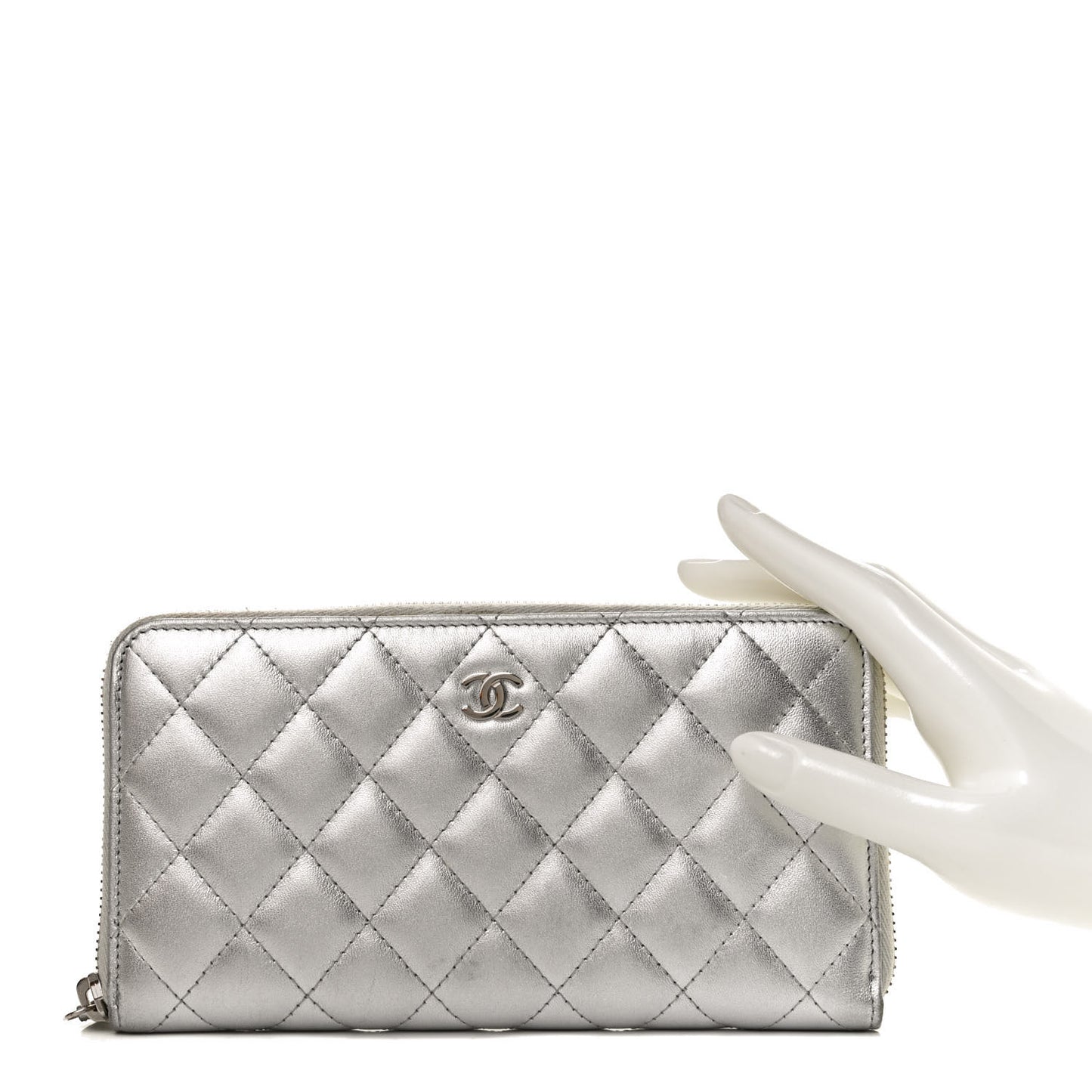 Metallic Lambskin Quilted Large Gusset Zip Around Wallet Silver