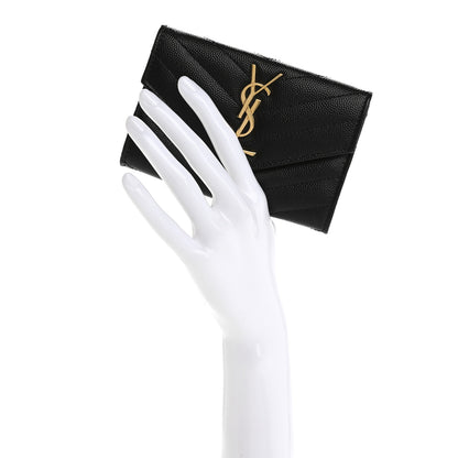 Saint Laurent Grain De Poudre Matelasse Chevron Small Monogram Envelope Wallet Black 2 of 10