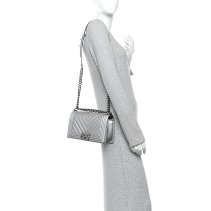 Chanel Metallic Caviar Chevron Quilted Medium Boy Flap Silver 2 of 10