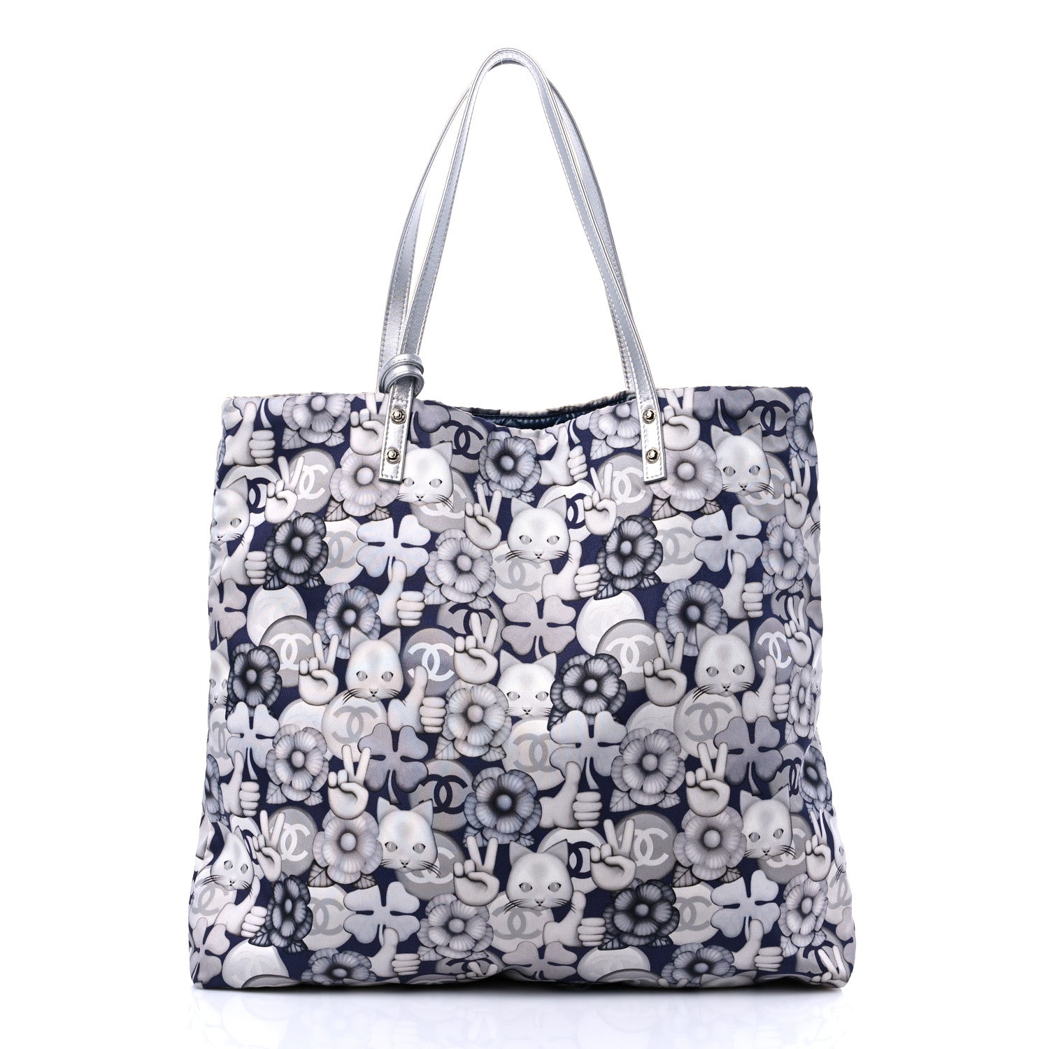 Chanel Nylon Cat Emoticon Tote Navy Silver 2 of 9