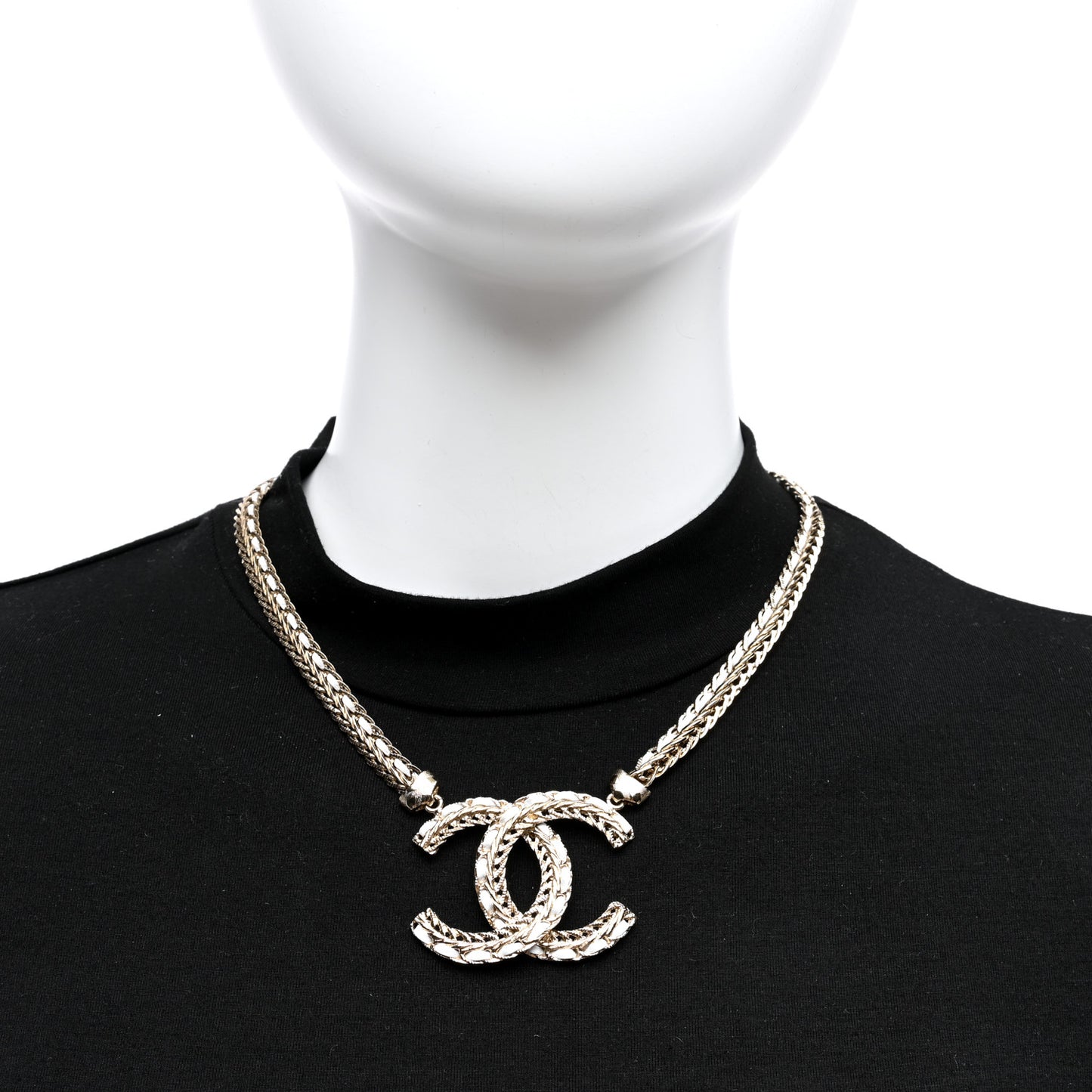 Metal Lambskin CC Chain Necklace Gold White