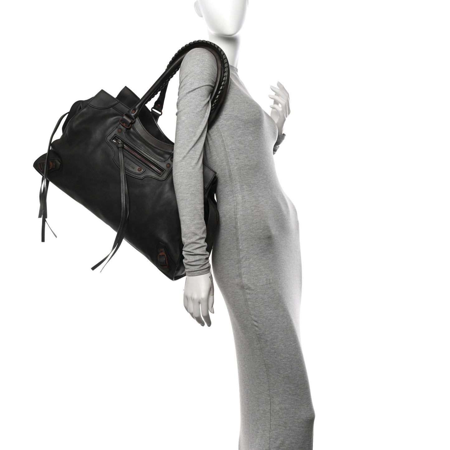 Used Calfskin Rust Hardware Large Top Handle Bag Black