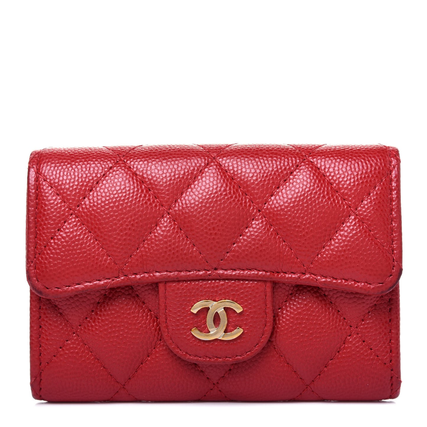Caviar Quilted Flap Card Holder Wallet Red