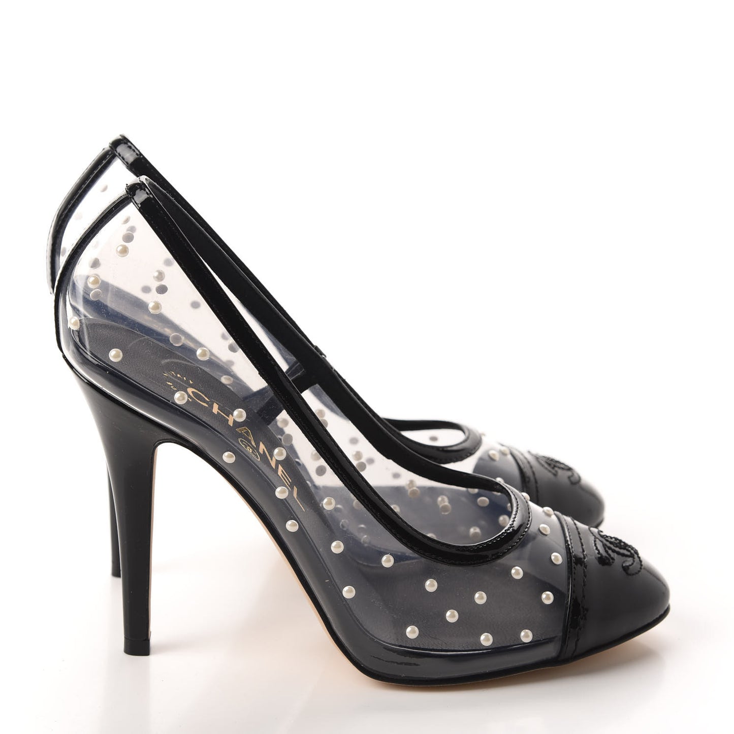 PVC Patent Calfskin Pearl Cap Toe Pumps 37 Transparent Black