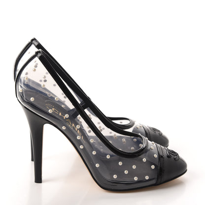 Chanel PVC Patent Calfskin Pearl Cap Toe Pumps 37 Transparent Black 4 of 9