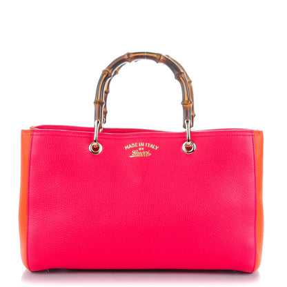 Gucci Pebbled Calfskin Bi-Color Medium Bamboo Shopper Tote Fuchsia Orange 1 of 7