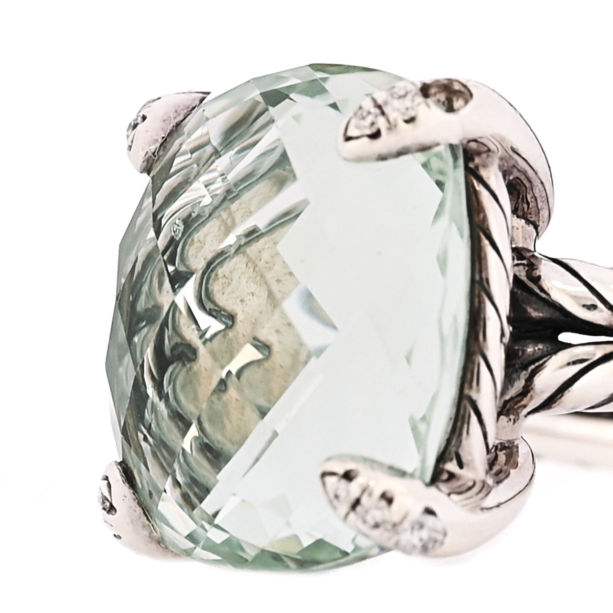 David Yurman Sterling Silver Diamond Prasiolite 14mm Chatelaine Ring 60 9 3 of 5