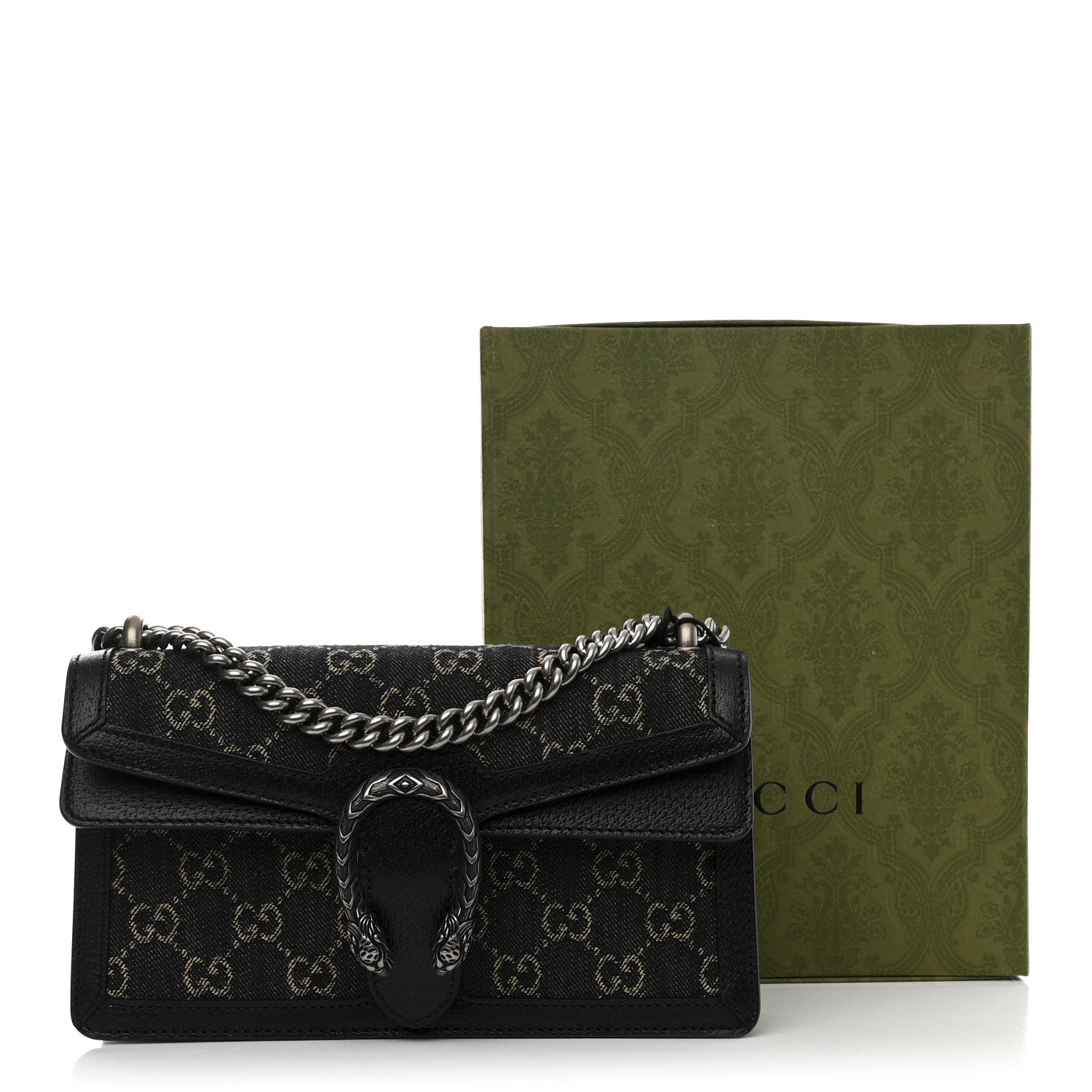 Gucci Jacquard Black Denim GG Monogram Textured Dollar Calfskin Small Dionysus Shoulder Bag Black Ivory 11 of 11