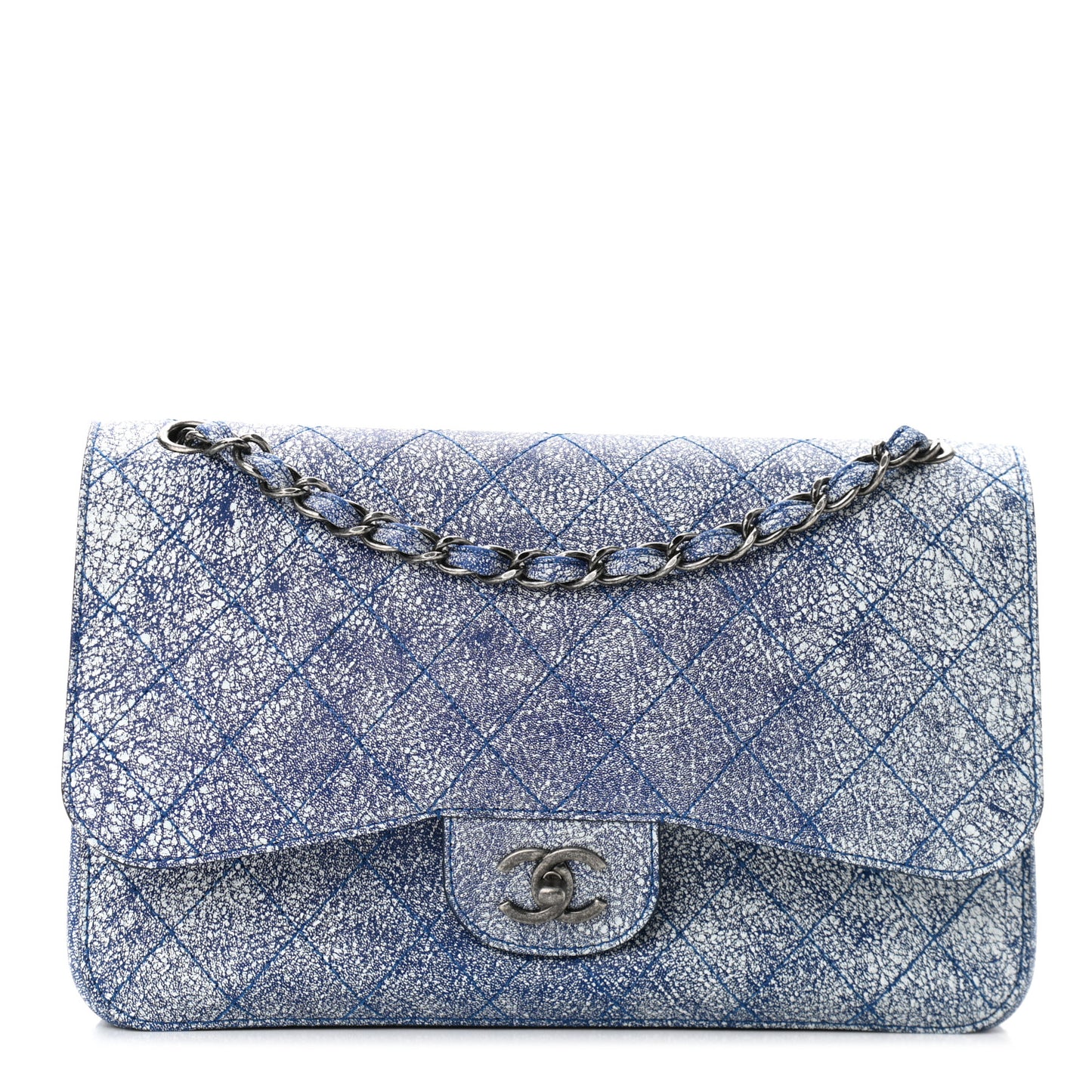 Crackled Calfskin Jumbo Double Flap Blue