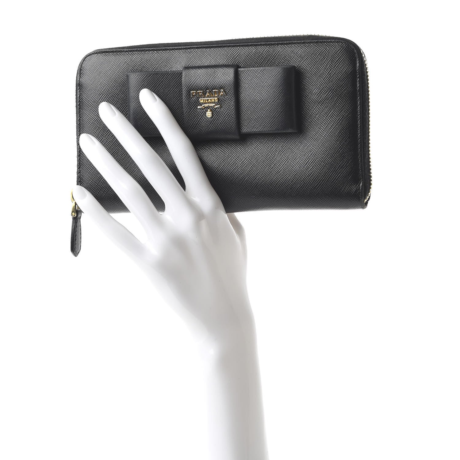 Prada Saffiano Fiocco Bow Zip Around Wallet Black 2 of 10