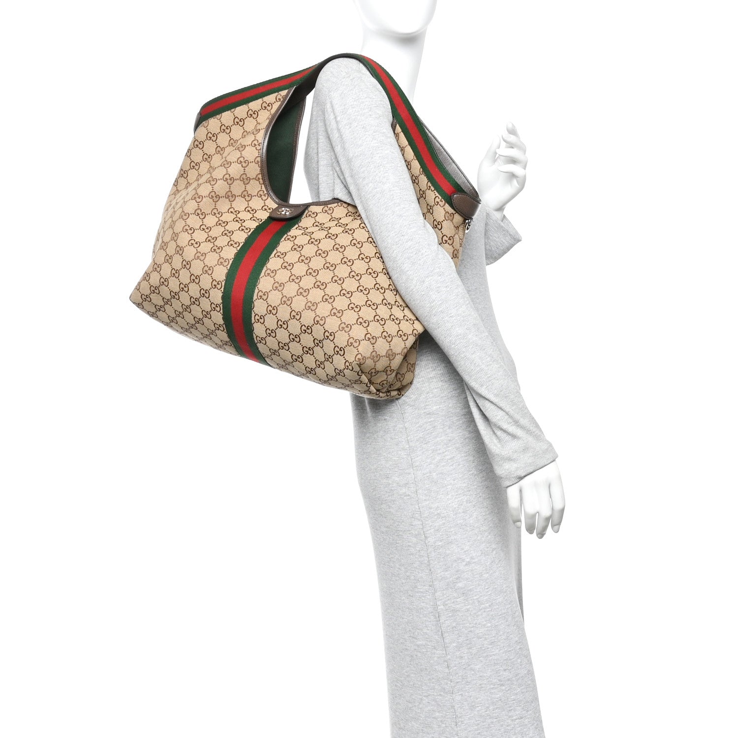 Gucci GG Monogram Web Large Giglio Tote Beige Brown 2 of 12