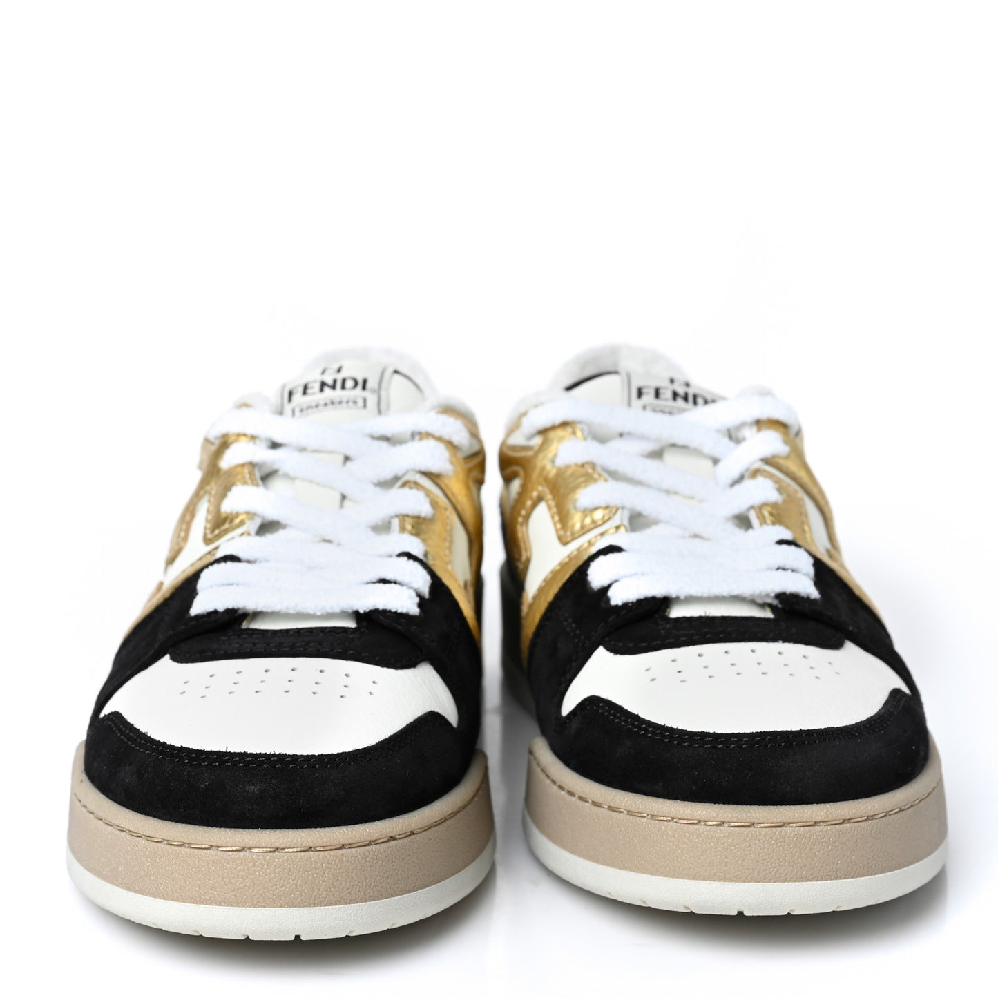 Grained Calfskin Mens Fendi Match Low Top Sneakers 8 White Black Gold