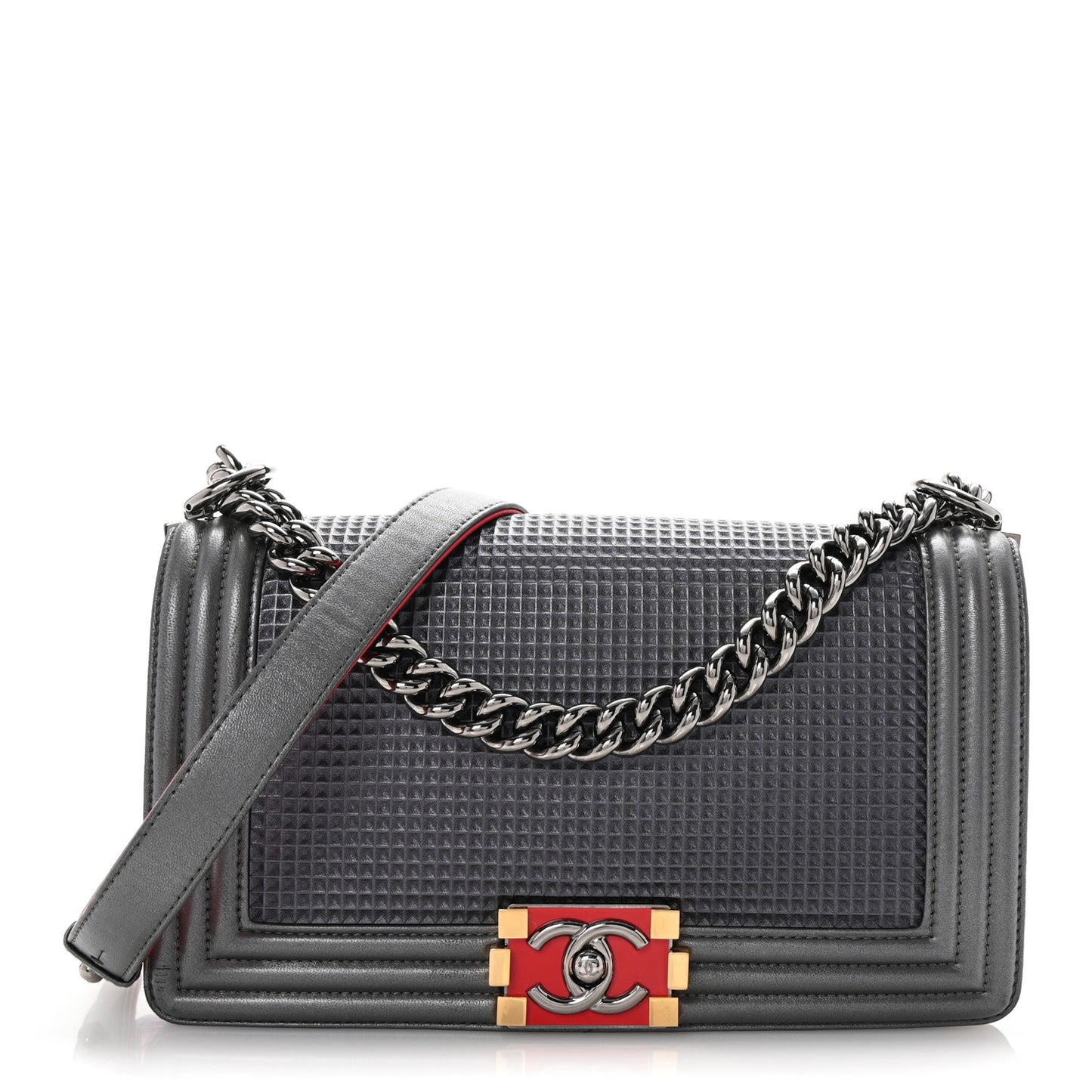 Lambskin Embossed Medium Boy Cube Flap Grey