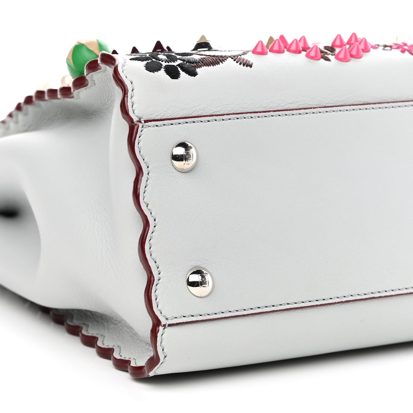 Vitello Seta Shiny Nappa Pearl Scalloped Studded Floral Embroidered Medium Peekaboo Iconic Satchel Grigio Perla Multicolor