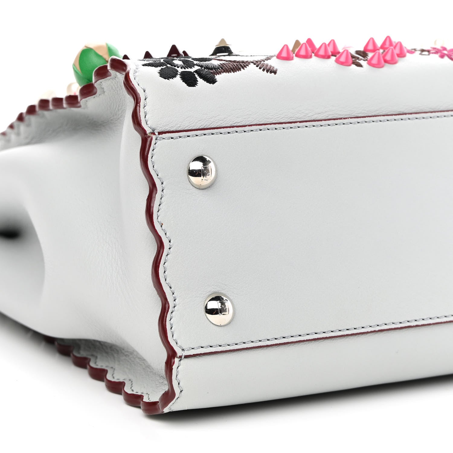 Fendi Vitello Seta Shiny Nappa Pearl Scalloped Studded Floral Embroidered Medium Peekaboo Iconic Satchel Grigio Perla Multicolor 8 of 9