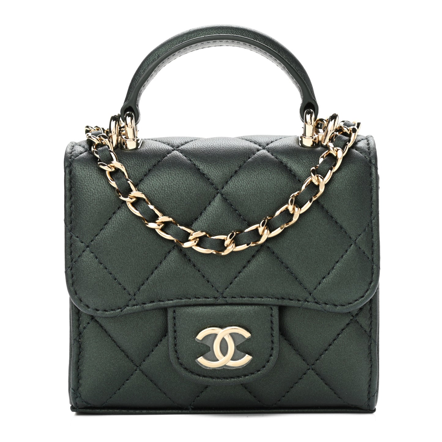 Iridescent Lambskin Quilted Top Handle Flap Clutch With Chain Dark Green