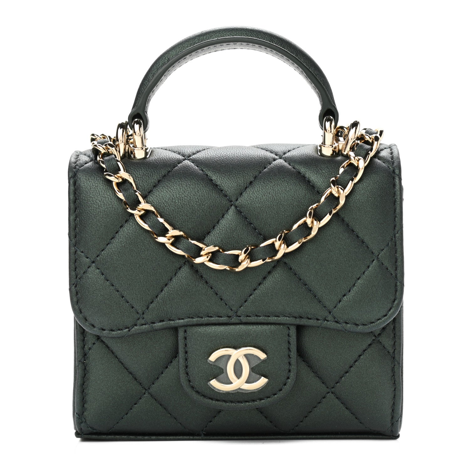 Chanel Iridescent Lambskin Quilted Top Handle Flap Clutch With Chain Dark Green 1 of 10