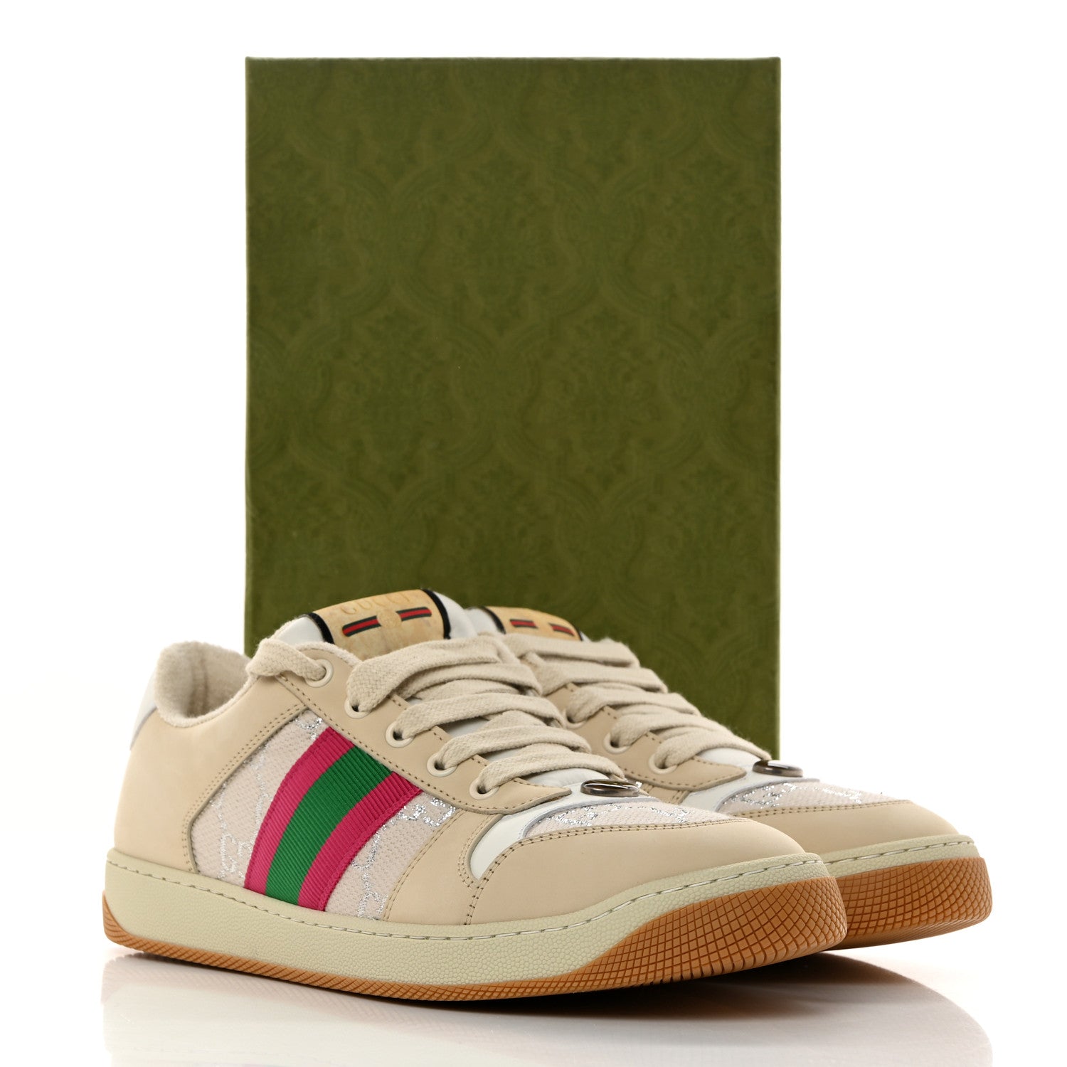 Gucci Lame GG Monogram Nubuck Web Screener Sneakers 40 Gardenia Silver Dusty Milk White 9 of 9