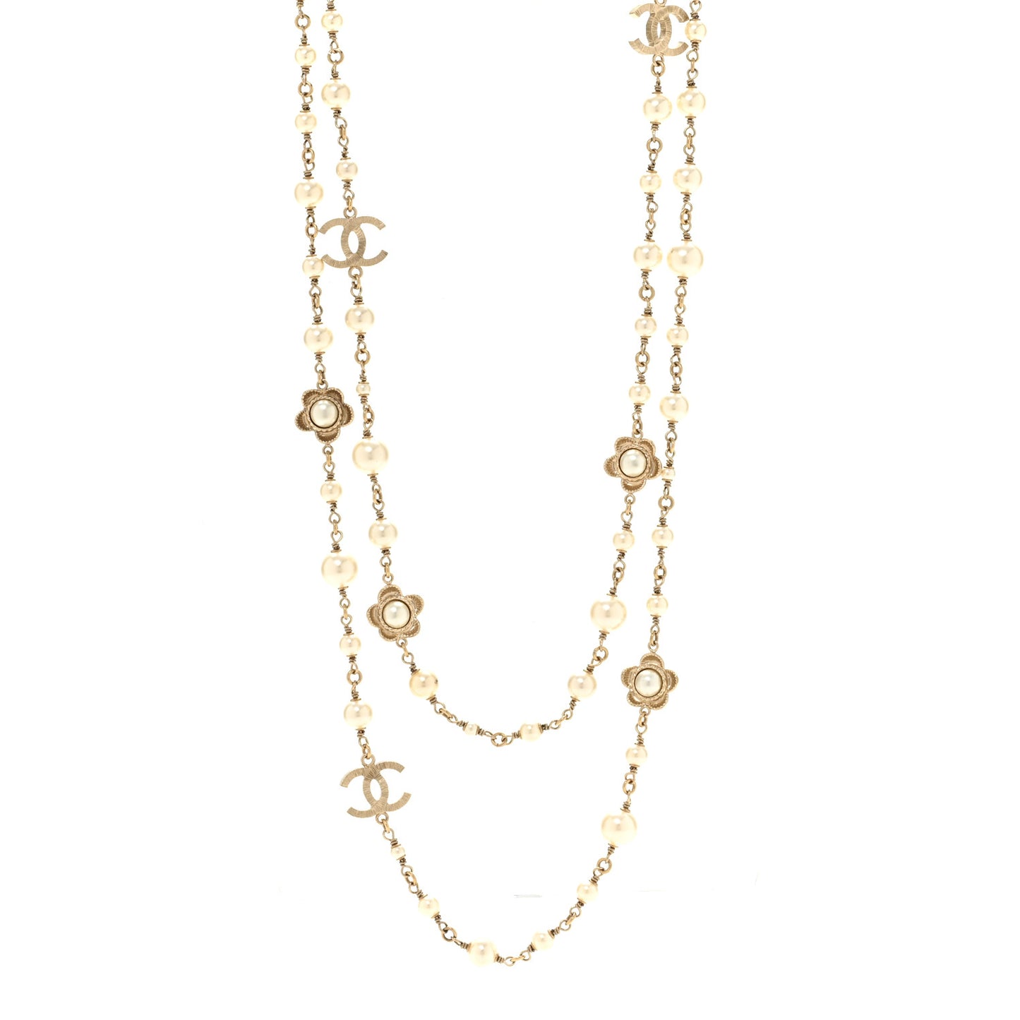 Pearl Bead CC Flower Long Necklace Gold