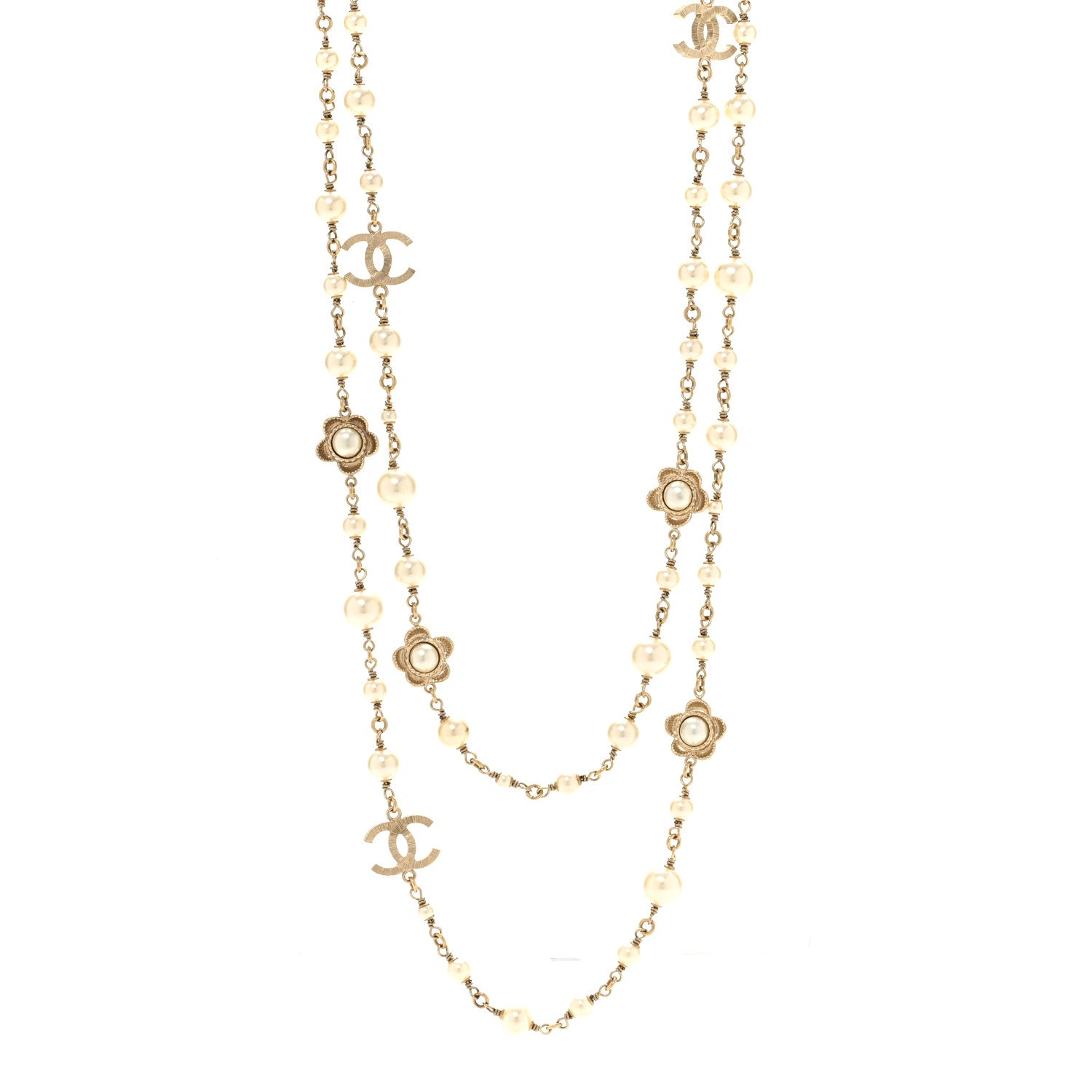 Chanel Pearl Bead CC Flower Long Necklace Gold 1 of 5