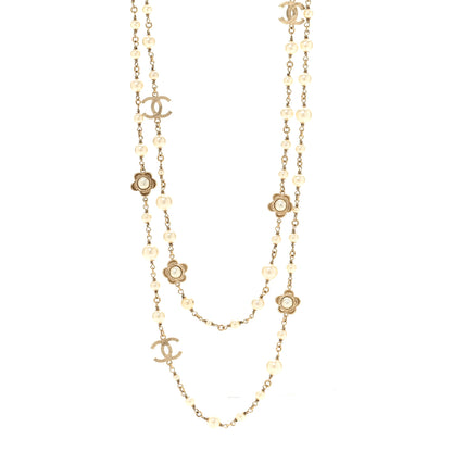 Chanel Pearl Bead CC Flower Long Necklace Gold 1 of 5