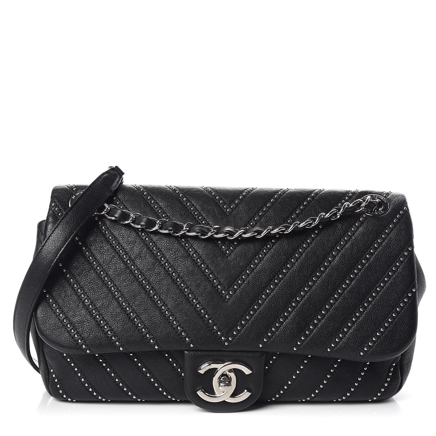 Chanel Calfskin Studded Chevron Quilted Medium Stud Wars Flap Black 1 of 13