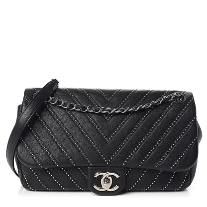 Chanel Calfskin Studded Chevron Quilted Medium Stud Wars Flap Black 1 of 13