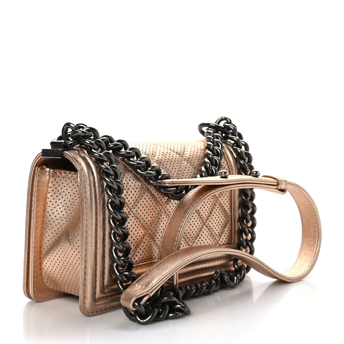 Metallic Calfskin Perforated Small Boy Flap Gold