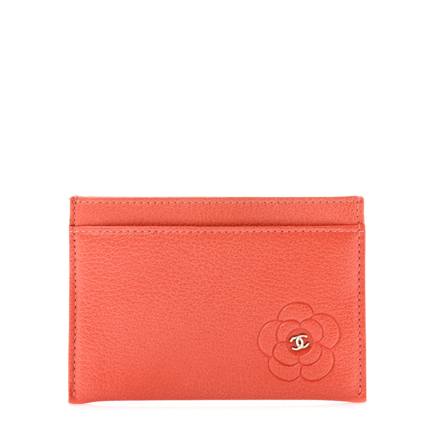 Goatskin Camellia Embossed Card Holder Coral