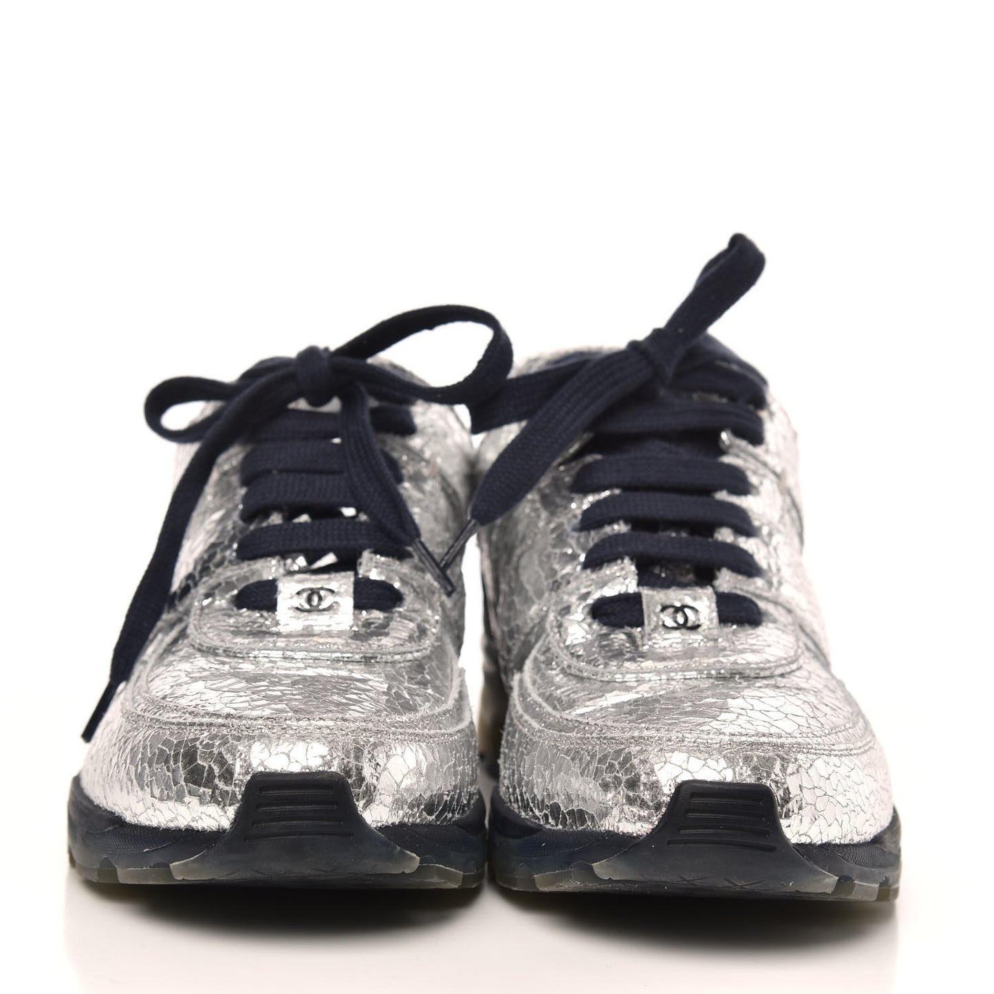 Metallic Crackled Calfskin CC Sneakers 39 Silver