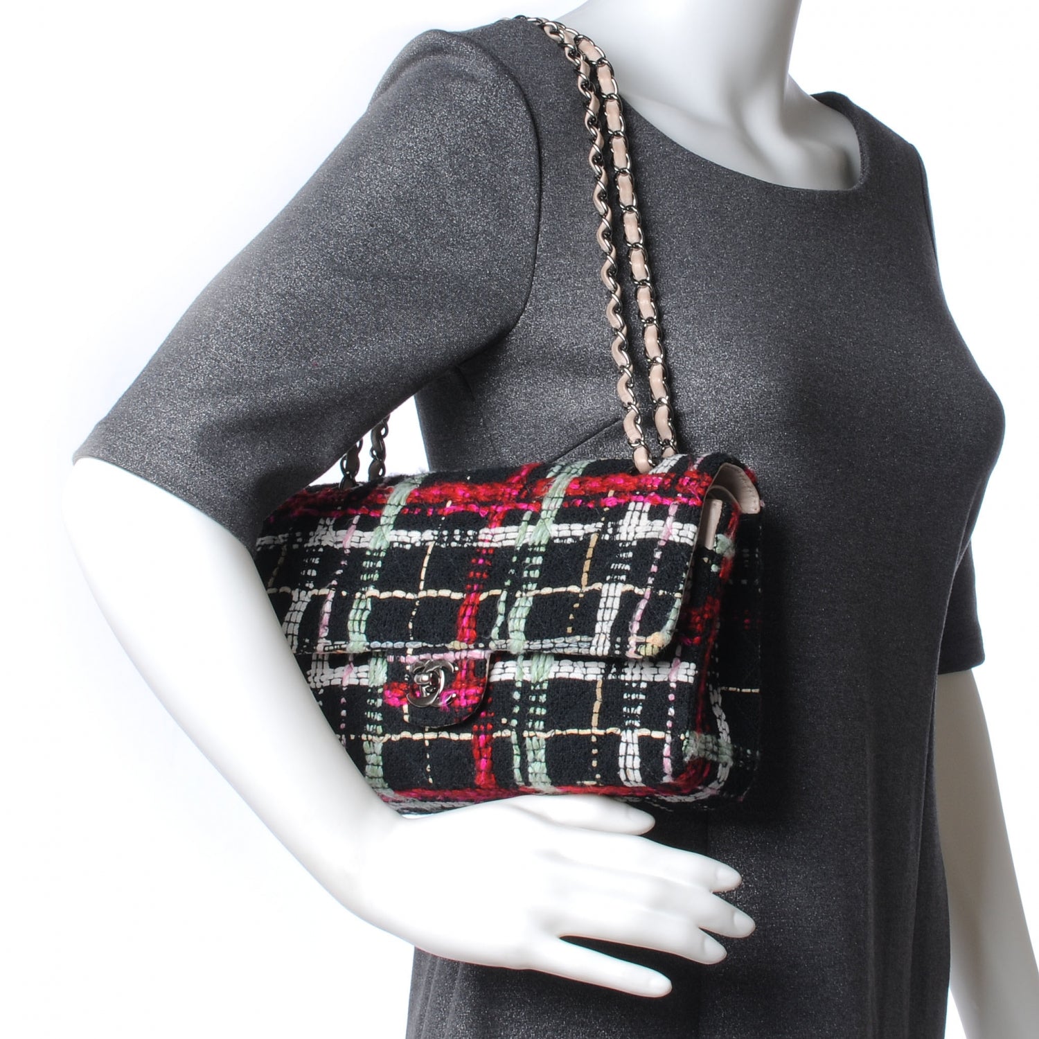 Chanel Tweed Medium Double Flap Black Pink 2 of 7