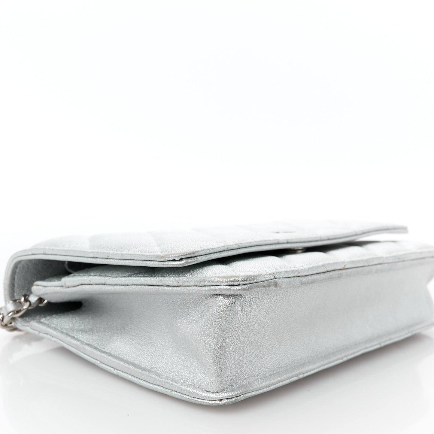 Metallic Lambskin Quilted Wallet On Chain WOC Silver