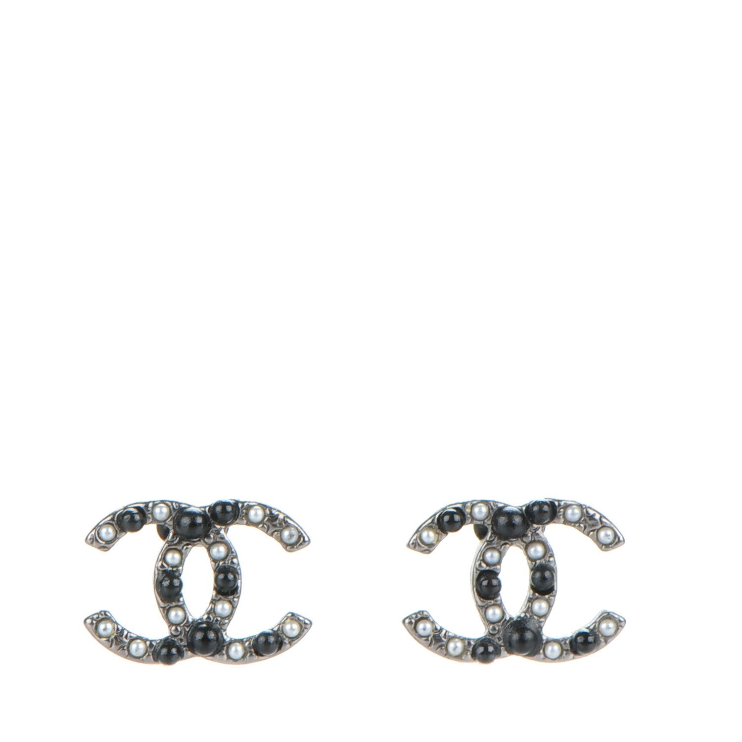 Chanel Pearl Resin Bead CC Earrings Silver Black 1 of 5