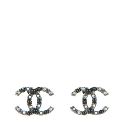 Chanel Pearl Resin Bead CC Earrings Silver Black 1 of 5