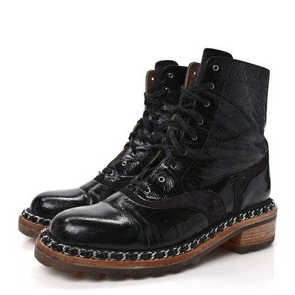 Chanel Patent Lace Up Chain Boots 40 Black 3 of 9