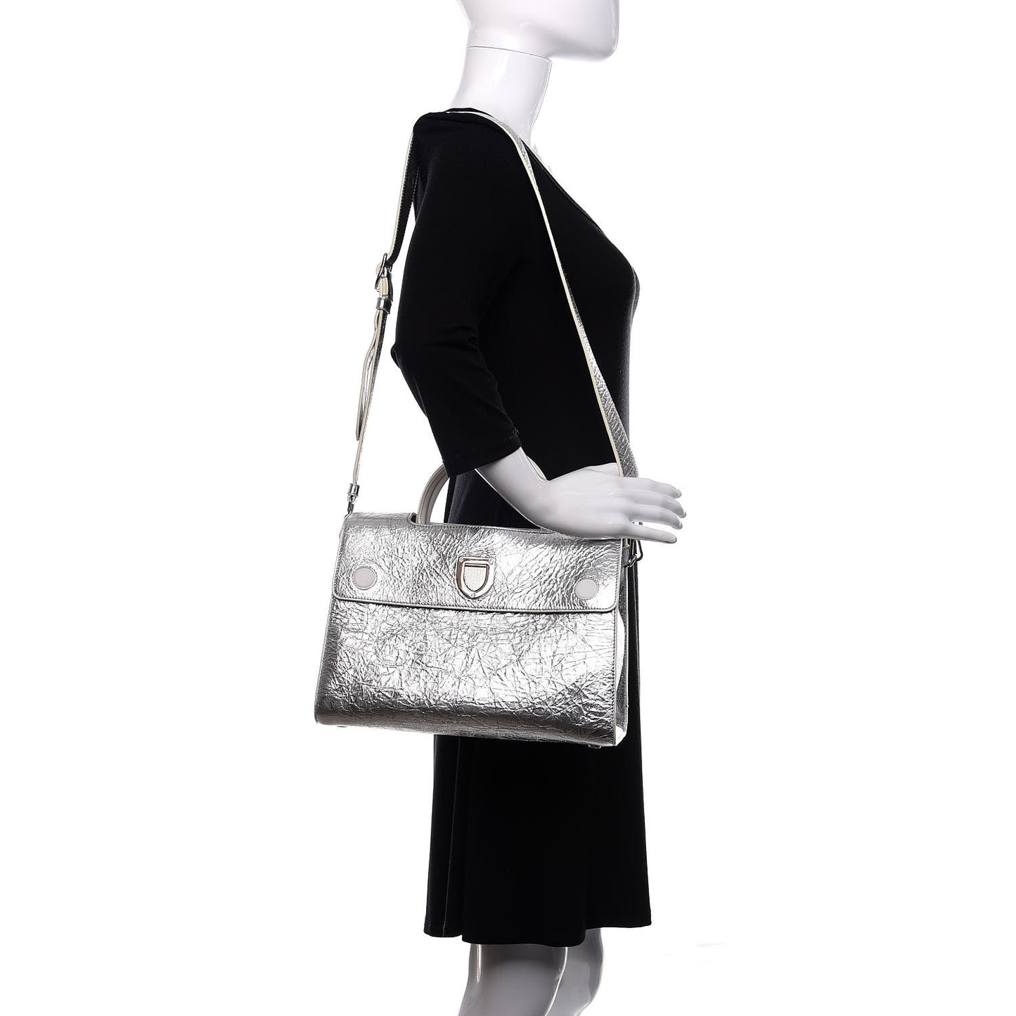 Metallic Calfskin Medium Diorever Flap Silver